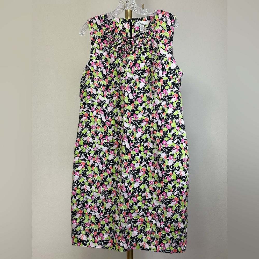 Size 14 * linen floral print sleeveless shift dress with ruffle neck